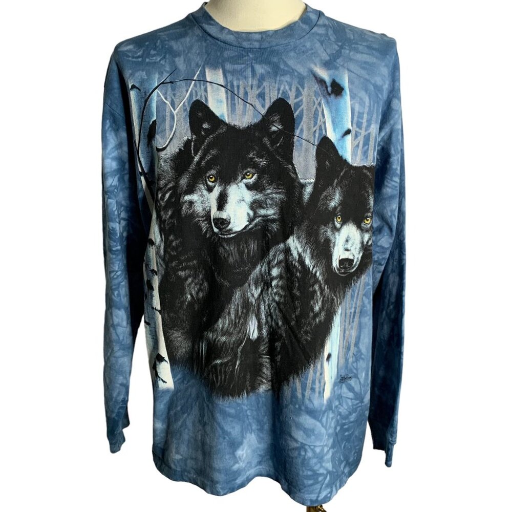 Vintage Y2K The Mountain Wolves Crewneck T Shirt L Blue Tie Dye Long Sleeve 2001